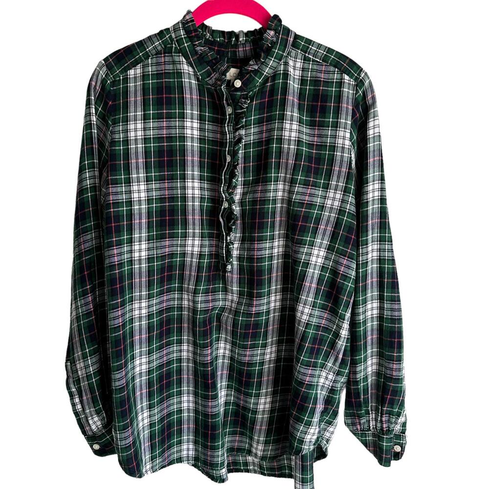 LOFT Green‎ and White Plaid Ladies Ruffle Henley Long Sleeve Blouse, M